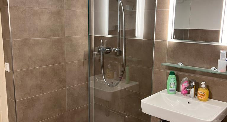 Walk-In Dusche mit schlichter Deckenhalterung