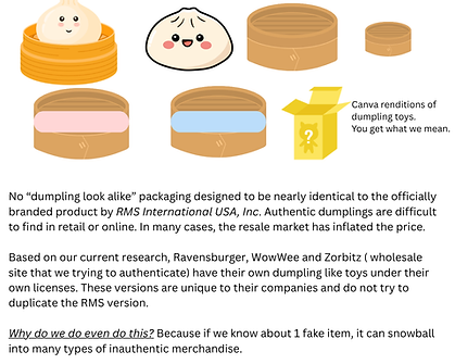 No “dumpling look alike” packging designed to be nearly identical to the officially brande