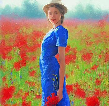 The image shows a young woman in a field of poppies. Winter is a poem in the series Melancholy poems by Chris Zachariou.