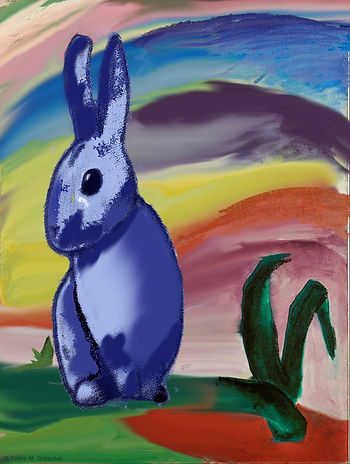 Surreal painting illustrating “The Fate of the Giant Rabbit,” a critique of power in Political Poems by Chris Zachariou.