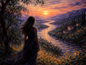 Expressionist river at dusk. Dark sky and reflective water, evoking grief and loss, Cyprus Poems artwork, poetrylovers.