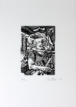 Auteur: Cantero Serge
Titre: "le principe d’Archimède"
Année: 2009
Format: 16.5 x 22.5 cm
Technique :  avec gravure originale sur bois debout. Editions Humus