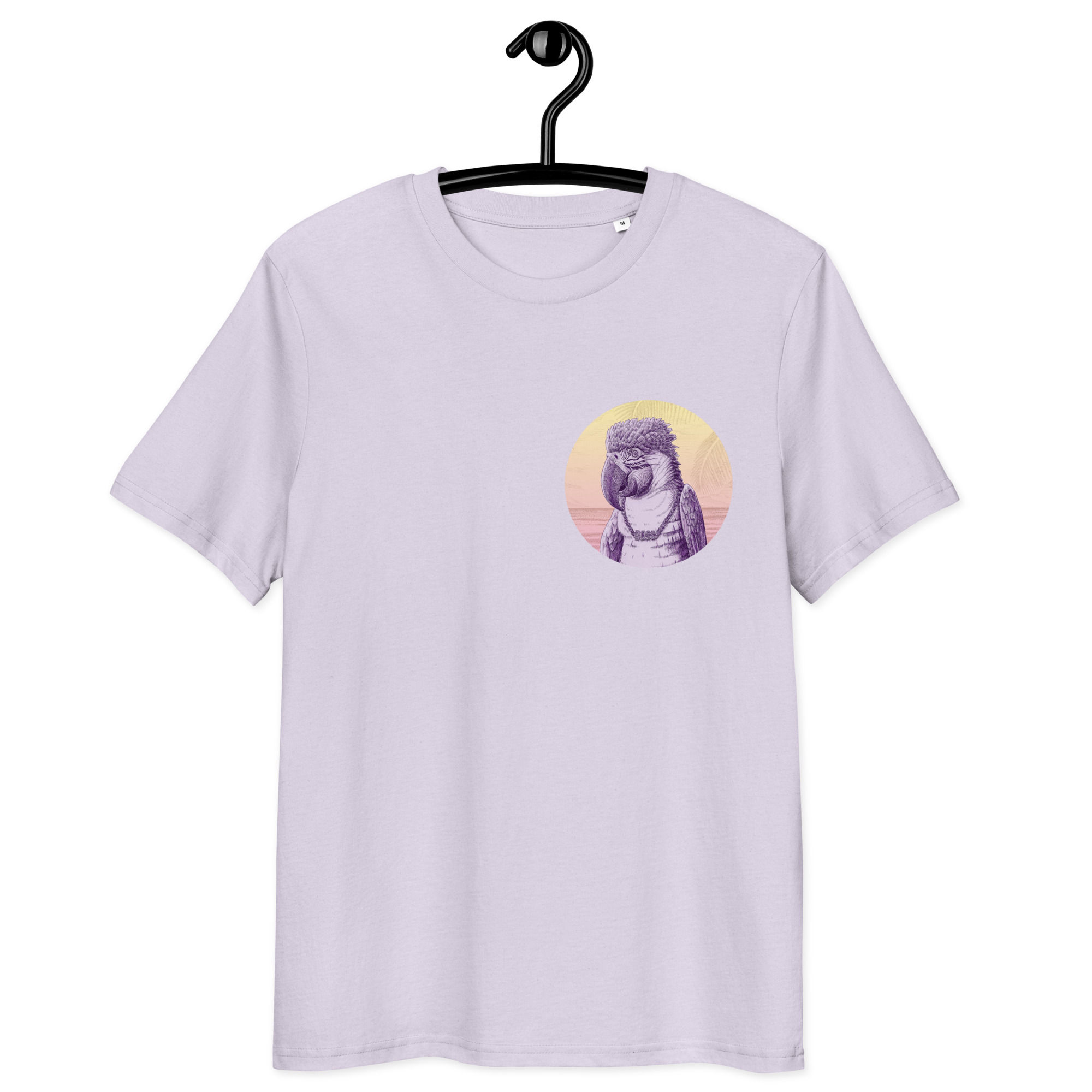 Lila T-Shirt mit handgezeichneter Ara-Papagei-Illustration von Tiemo Wydler, Schweiz.
