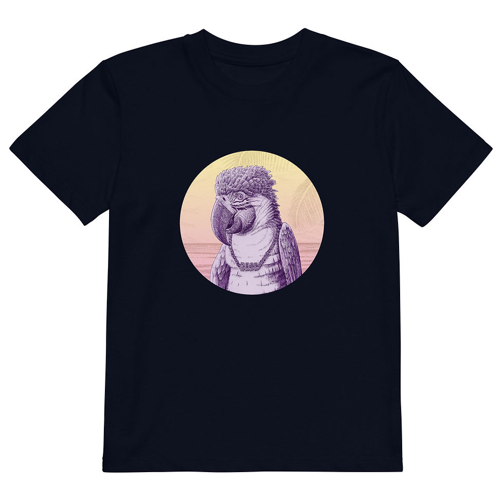 Schwarzes Kinder-T-Shirt mit handgezeichneterm Ara-Papagei-Motiv von Tiemo Wydler, Schweiz.