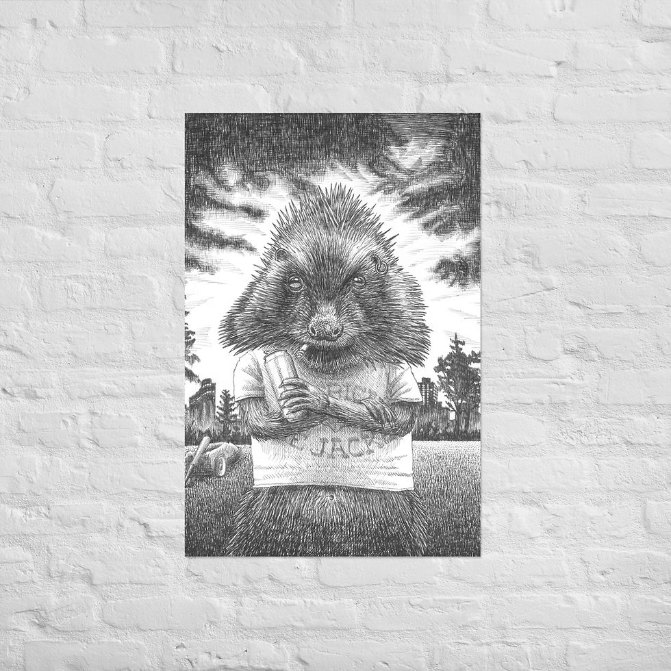 Thumbnail: Poster mit handgezeichneter Igel-Illustration mit entschlossenem Blick in düsterer Atmosphäre von Tiemo Wydler, Schweiz.