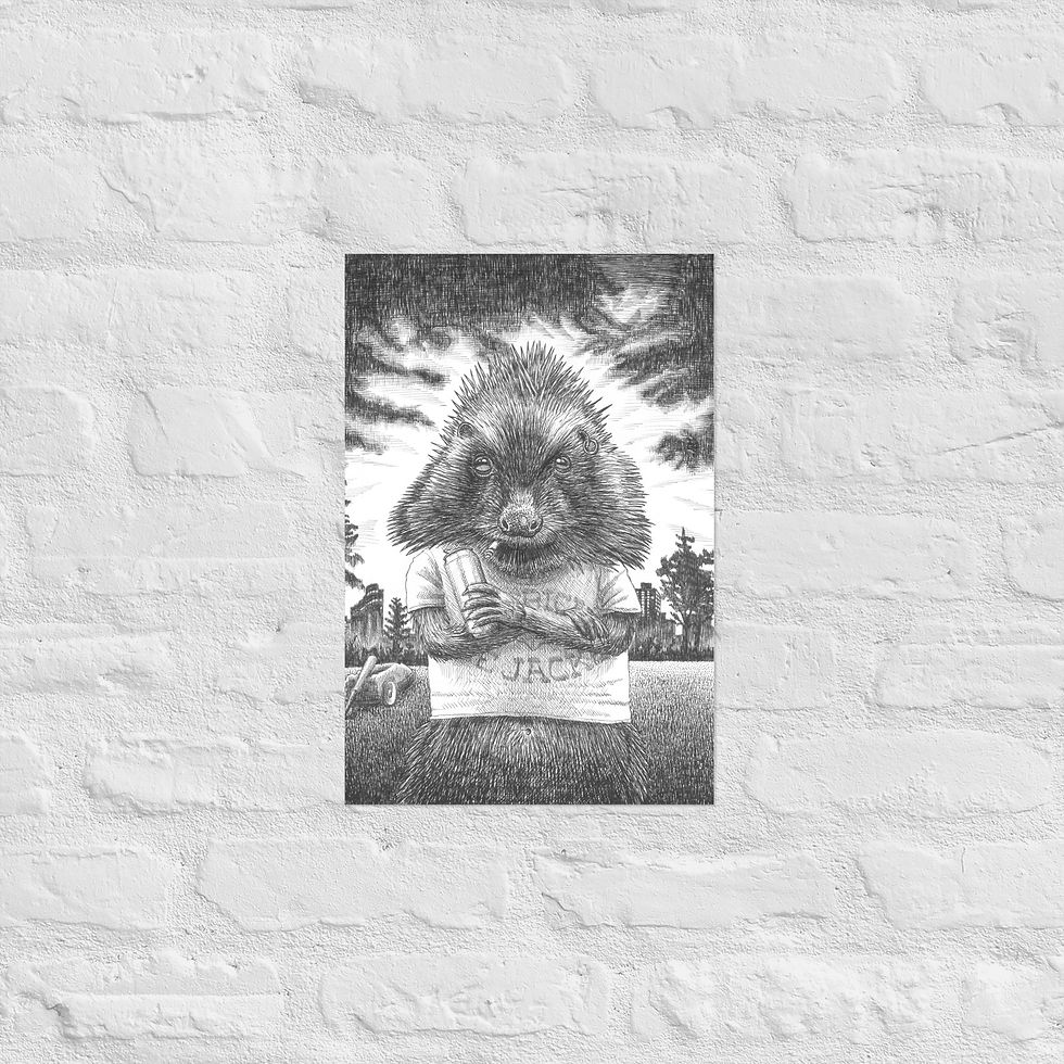 Thumbnail: Poster mit handgezeichneter Igel-Illustration mit entschlossenem Blick in düsterer Atmosphäre von Tiemo Wydler, Schweiz.