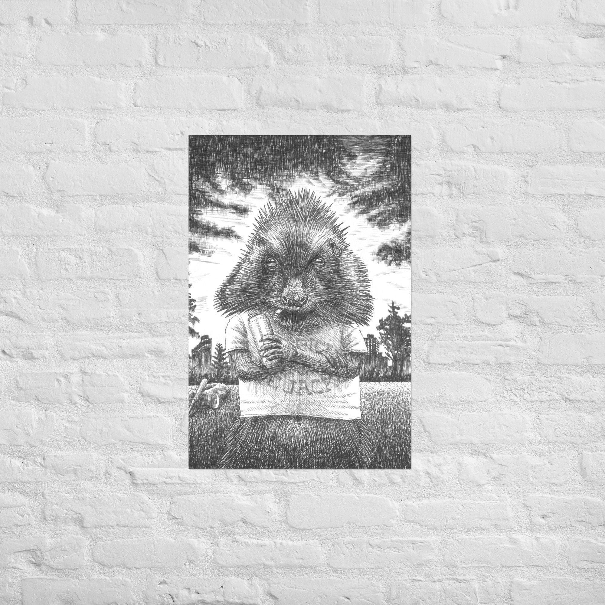 Poster mit handgezeichneter Igel-Illustration mit entschlossenem Blick in düsterer Atmosphäre von Tiemo Wydler, Schweiz.