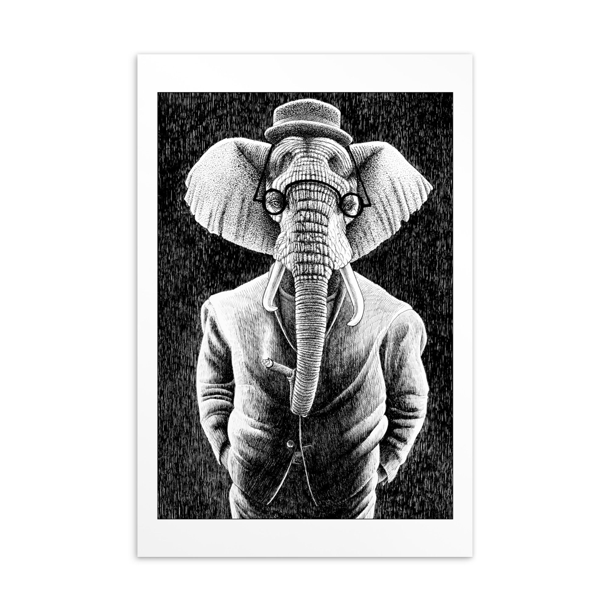Postkarte mit handgezeichnetem Elefanten im Anzug und Hut mit selbstbewusster Ausstrahlung von Tiemo Wydler, Schweiz.