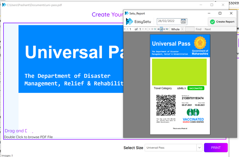 universal pass print software, pdf to print, covid uni pass print