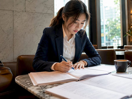 Woman studying RES exam materials in library
