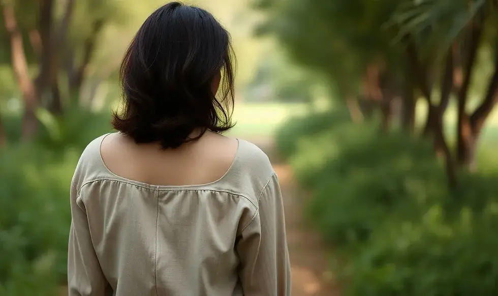 Mujer de espaldas, vestida con ropa de tonos naturales, de pie en un entorno verde y tranquilo. La escena transmite calma, reflexión y una sensación de cuidado y pertenencia, sin mostrar el rostro.