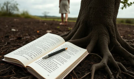 Open notebook with handwritten poetry and a pen on the ground beside exposed tree roots; a woman stands barefoot in the background, facing the landscape.