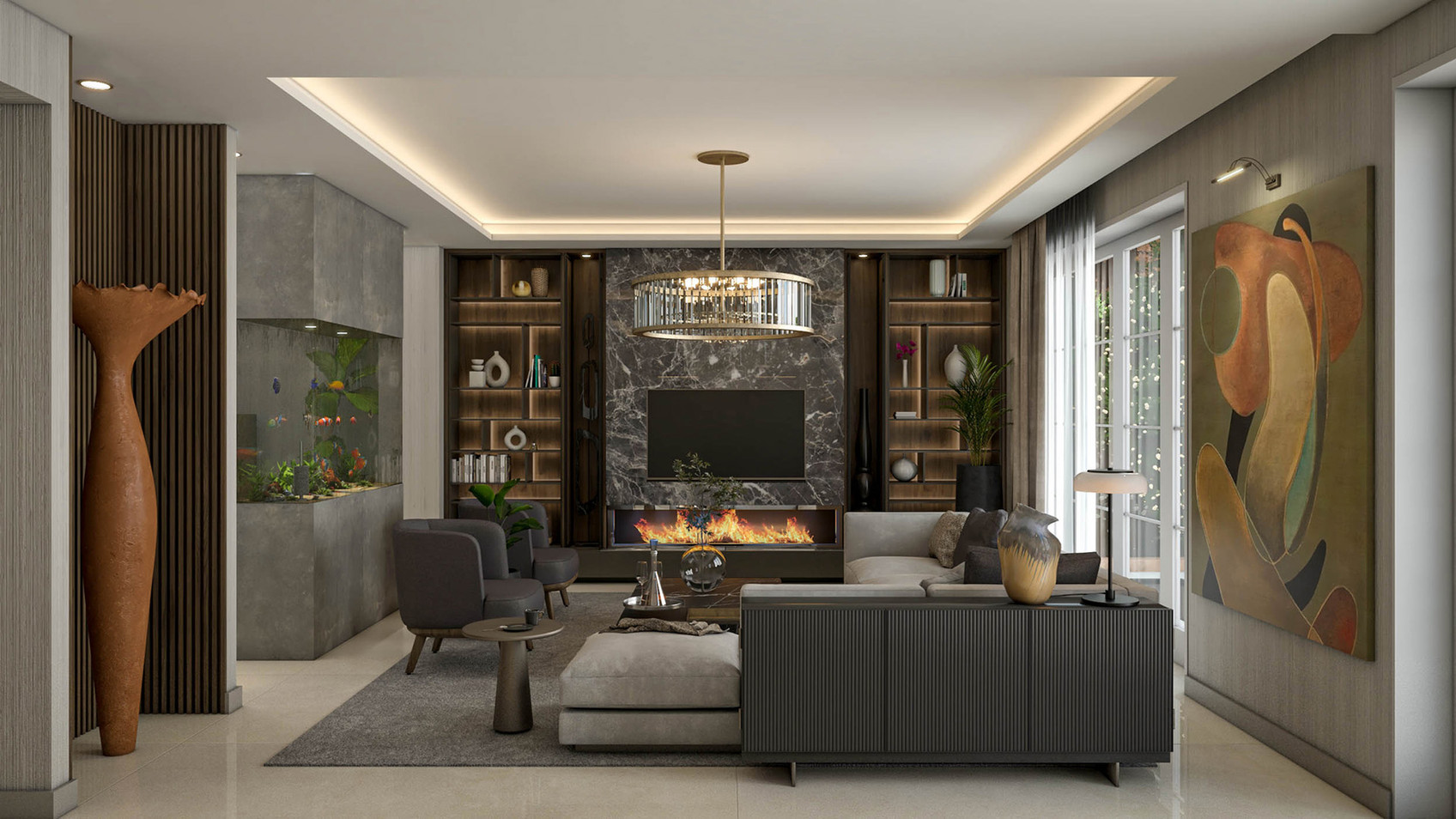 İngiltere Londra' da iç mekanını tasarladığımız villanın salonu, ahşap ve mermer detaylar