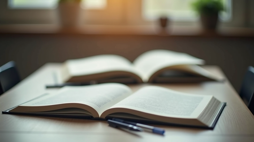 Close-up view of a study desk with open textbooks and stationery