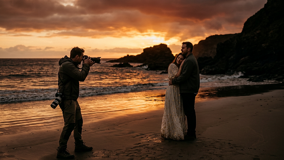 Wide angle view of a photographer capturing a couple at a beach sunset