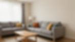 Modern grey sofa with colorful pillows in a bright living room