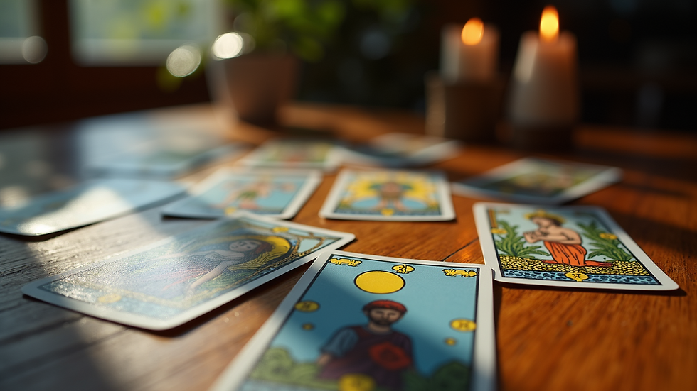 Close-up view of a tarot card spread on a wooden table