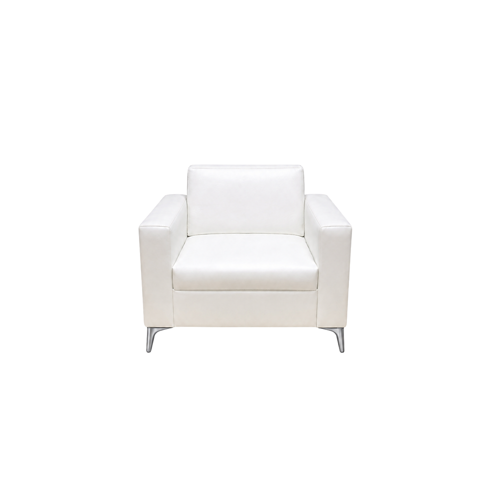 White leather lounge chair with clean track arms, plush cushions, tapered chrome legs, and a modern silhouette.