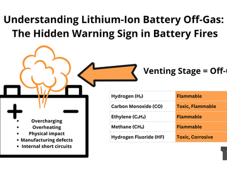 Diagram of a lithium-ion battery releasing gas, highlighting hazards like flammability and toxicity. Orange arrow points to venting stage.