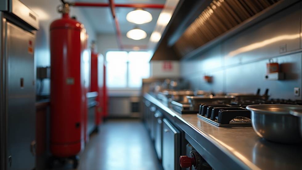 Eye-level view of a commercial kitchen with a wet chemical fire suppression system installed