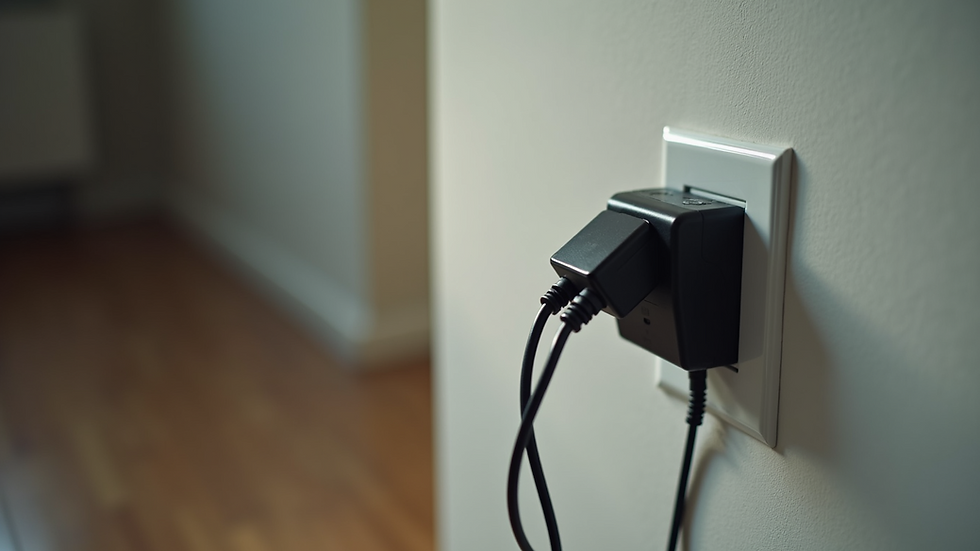 Eye-level view of a battery charger plugged into a wall outlet