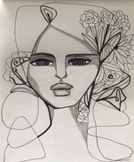 Line drawing of a woman's face with floral hair details.