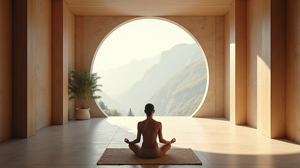 Wide angle view of a tranquil meditation space