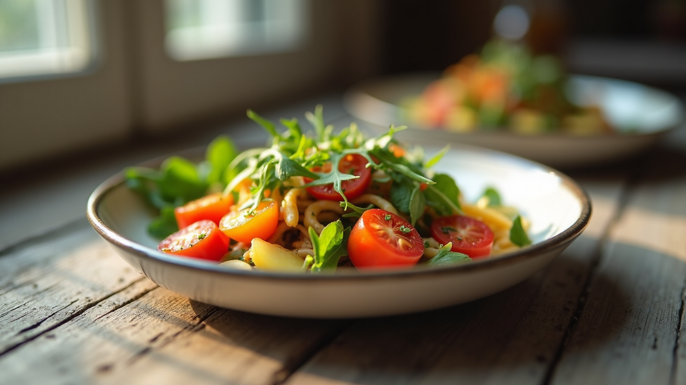 Eye-level view of a healthy meal with colorful vegetables