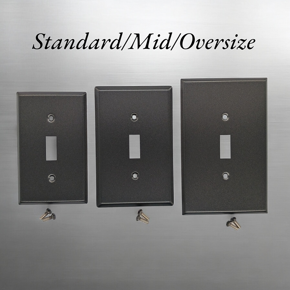 Three different sizes of black stainless switch plates on white background