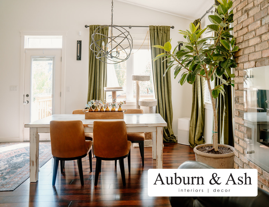 stunning green custom drapery from Auburn and Ash, interior designers in Red Deer