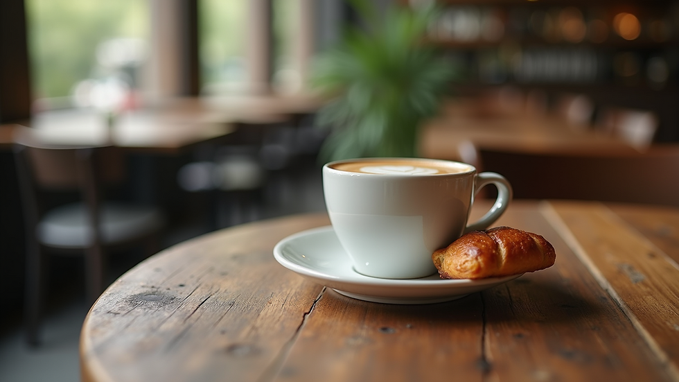 Close-up view of a coffee cup with a pastry on a wooden table