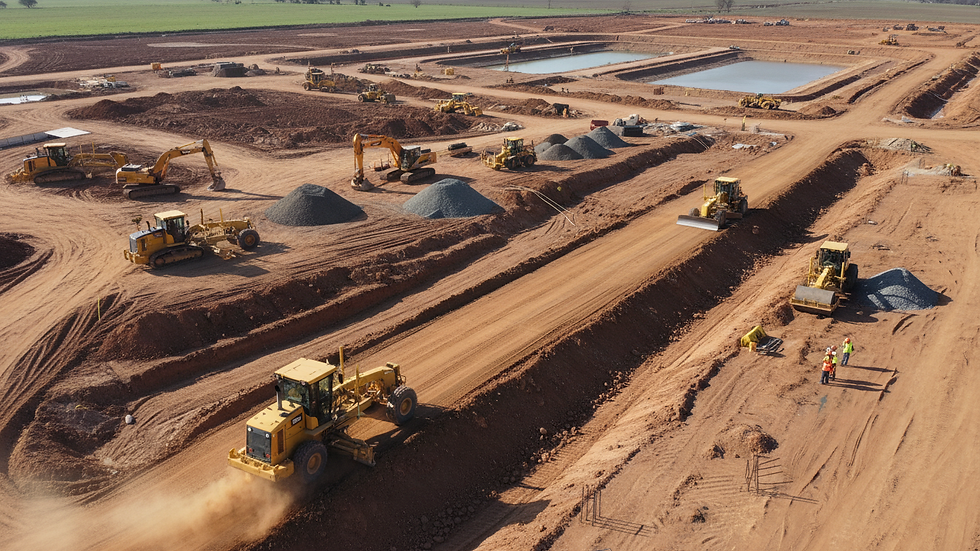 High angle view of a construction site with grading machinery shaping the land