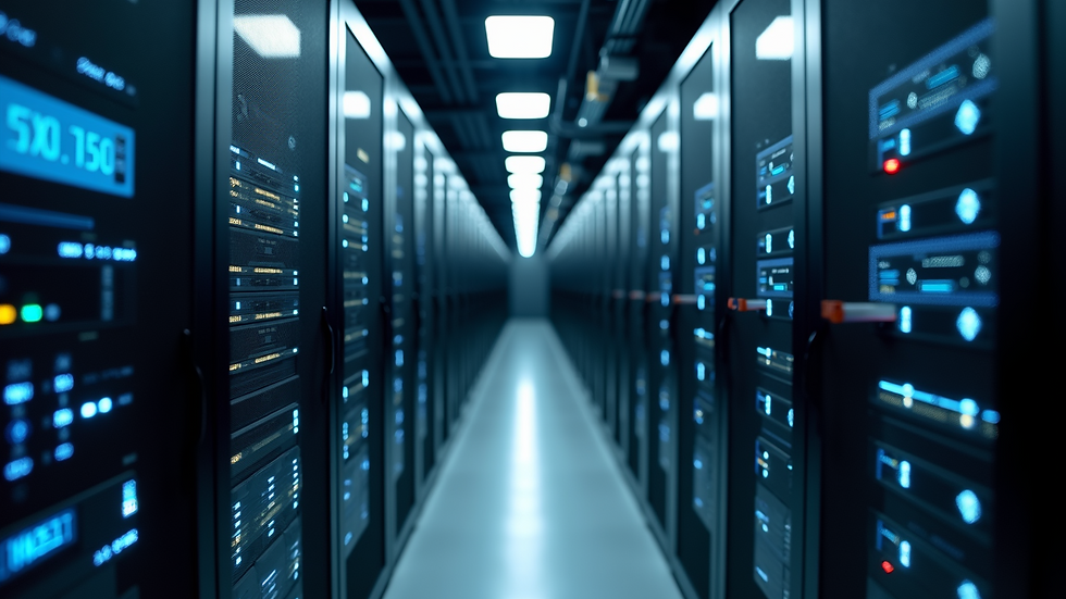 High angle view of a server room with multiple racks and blinking lights