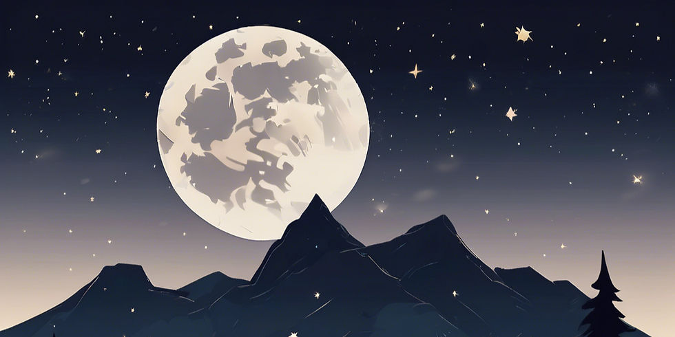 A dark starry night with a crescent moon shining in the sky. Below is the silhouette of a