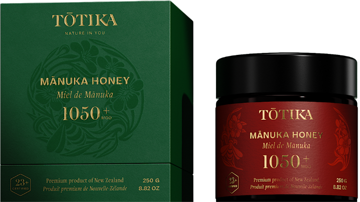 Totika Health manuka Honey MGO 1050, green box and black jar with red label