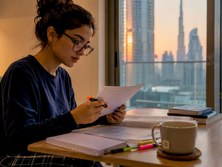 Student reviewing apostille document at desk