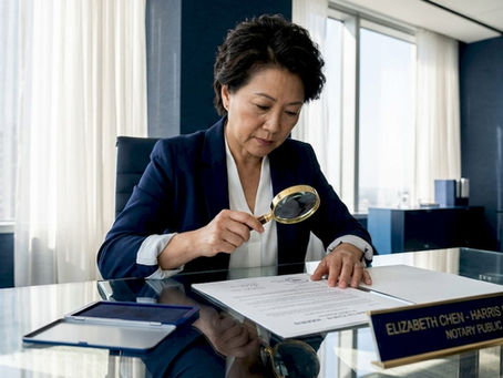 Notary public verifying documents in office