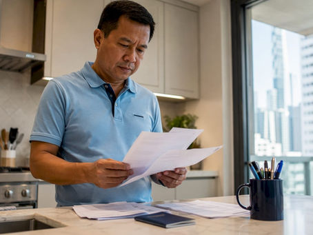 Filipino expat reviewing visa documents in office
