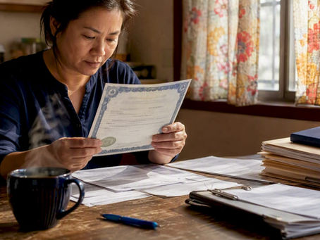 Woman reviewing U.S. legalization documents at home