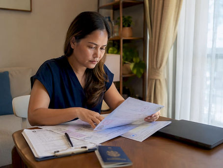 Filipino expat organizing documents at table