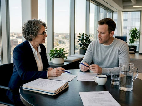 Advisor and client review contract in office
