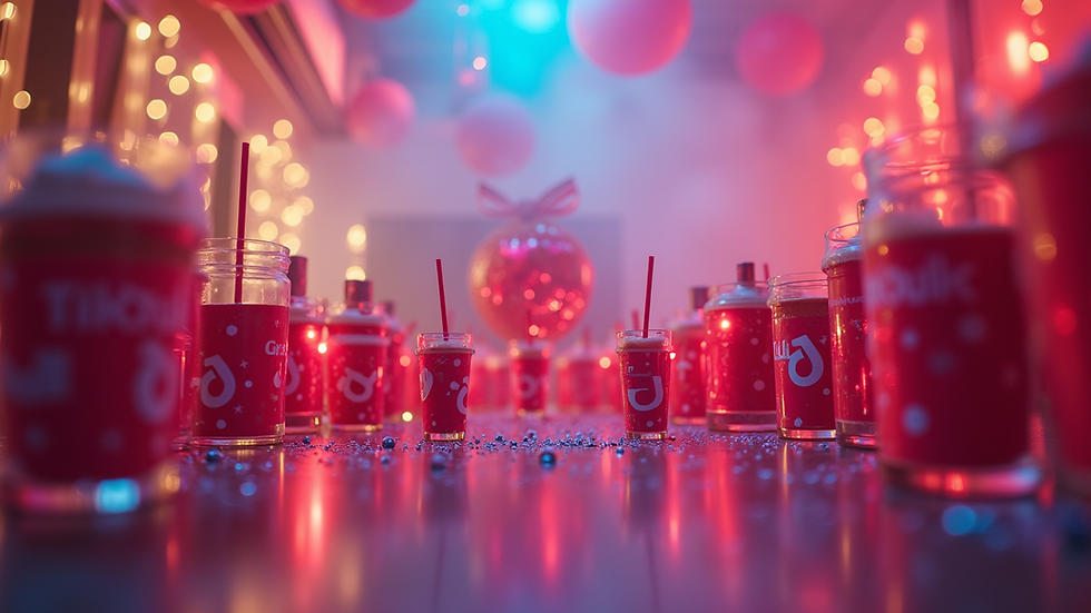 Eye-level view of a colorful TikTok-themed party setup