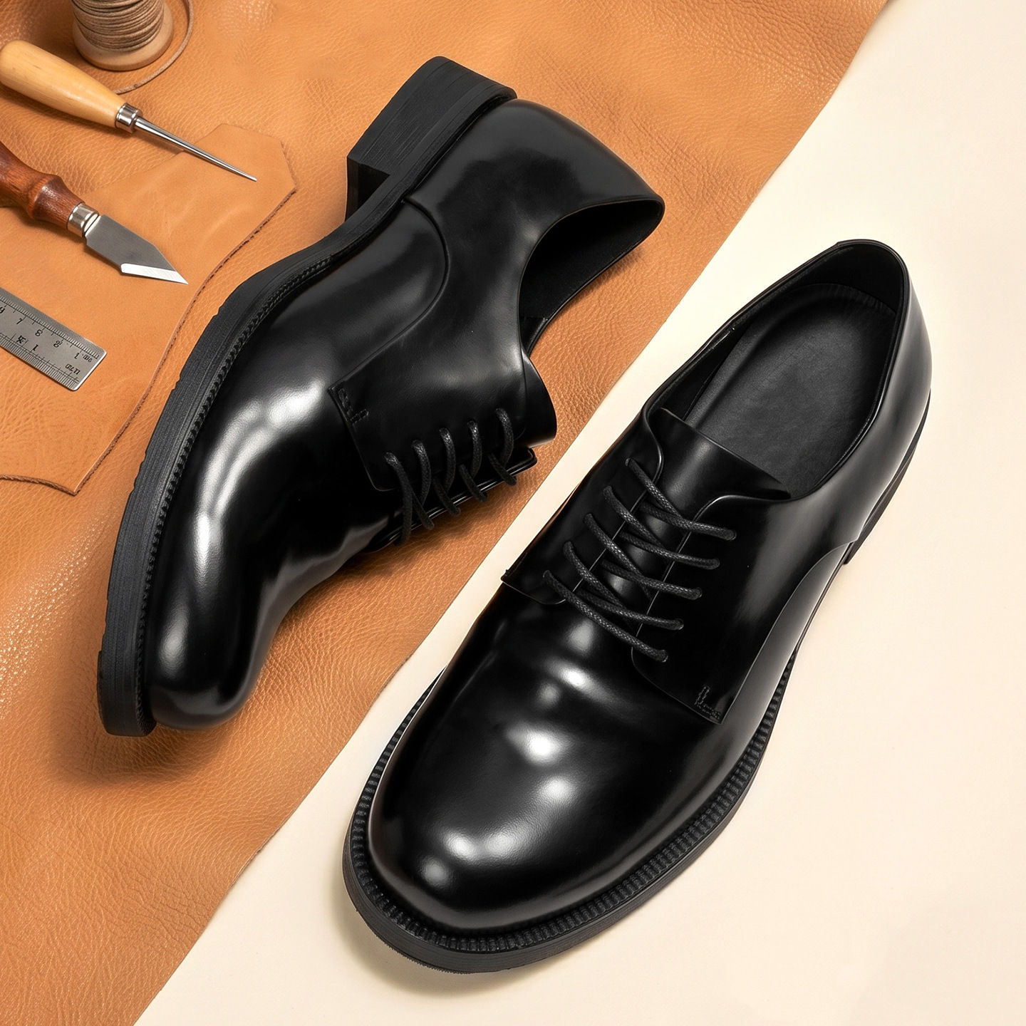 YETTIES Men's Shell Cordovan Derby Dress Shoes | Handmade Elevator Business Oxfo