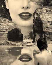 a black and white surreal collage of a woman's face mirrored on the beach framed by rocks and a second female figure looking towards her