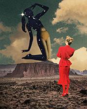 a blonde woman in a red outfit, looking out at the desert with a female figure made of stars sitting on top of a rock formation