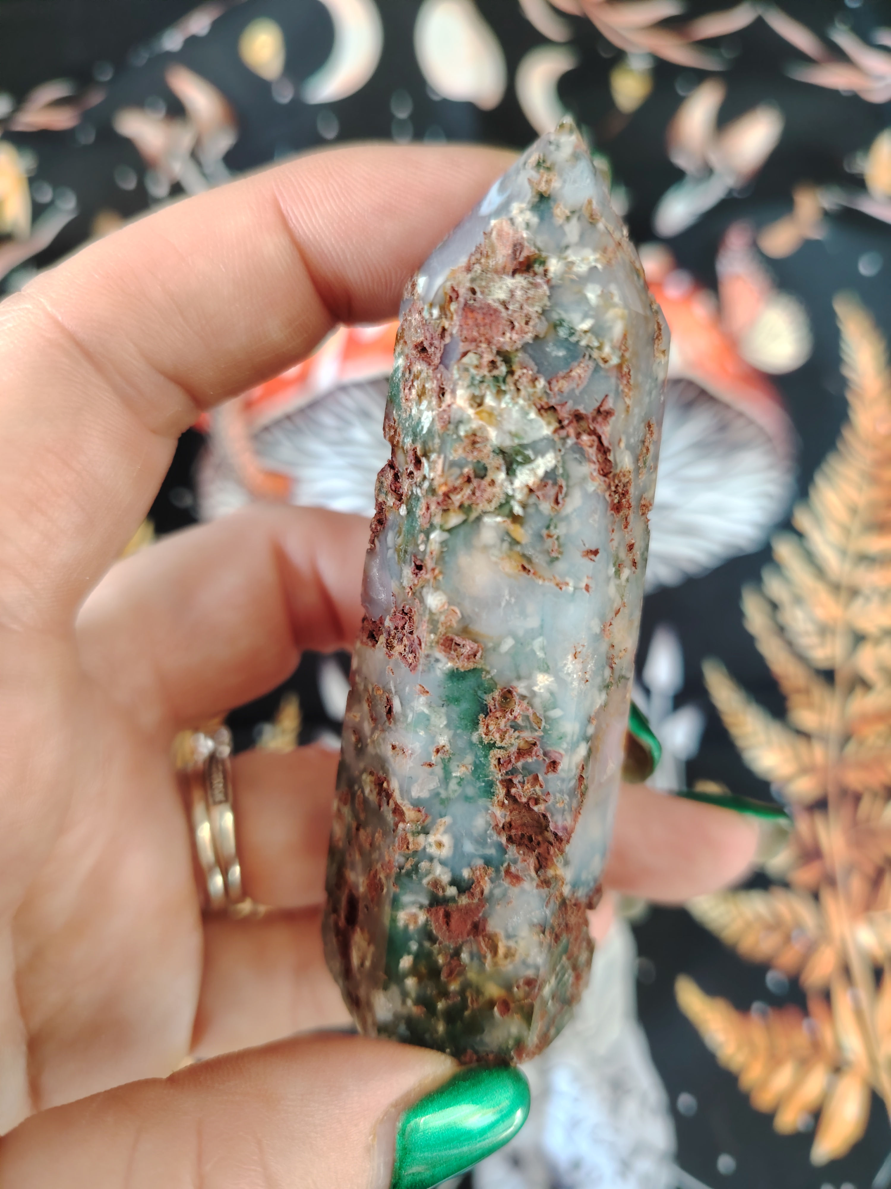 Moss Agate Tower with red oxide