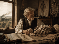 Andrew Taylor Still a estudar anatomia numa sala rústica do século XIX em Kirksville, rodeado por livros anatómicos e um esqueleto humano, com um comboio a vapor ao fundo simbolizando o crescimento histórico da osteopatia e dos caminhos de ferro nos Estados Unidos.