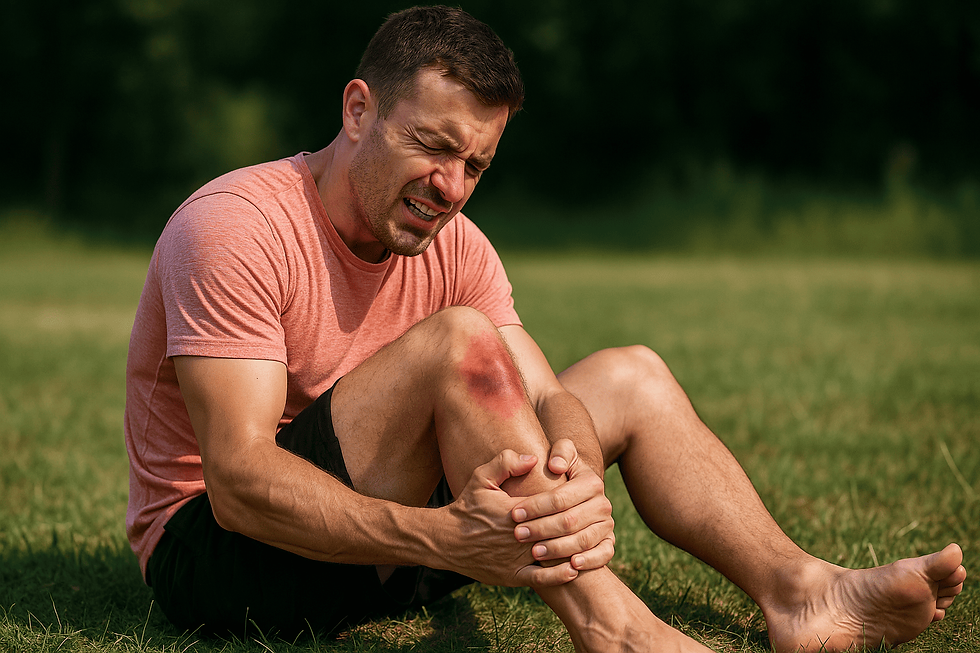 Homem adulto de pele clara, sentado na relva, segura o joelho esquerdo com expressão de dor intensa. O joelho apresenta uma grande mancha roxa de hematoma, indicando uma possível lesão traumática. A cena é iluminada por luz natural
