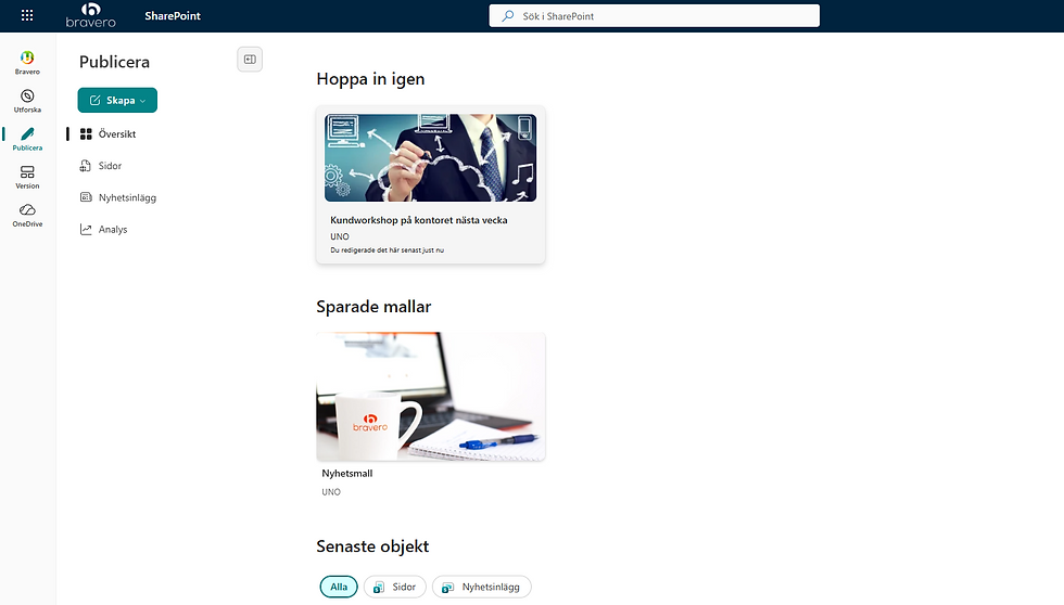 Under Publicera kan man direkt skapa innehåll och få besökaranalyser på sina tidigare publicerade sidor och nyheter.