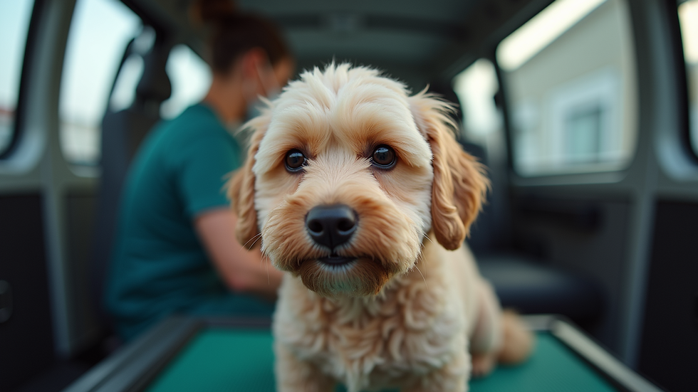 Eye-level view of a dog being groomed in a mobile grooming van